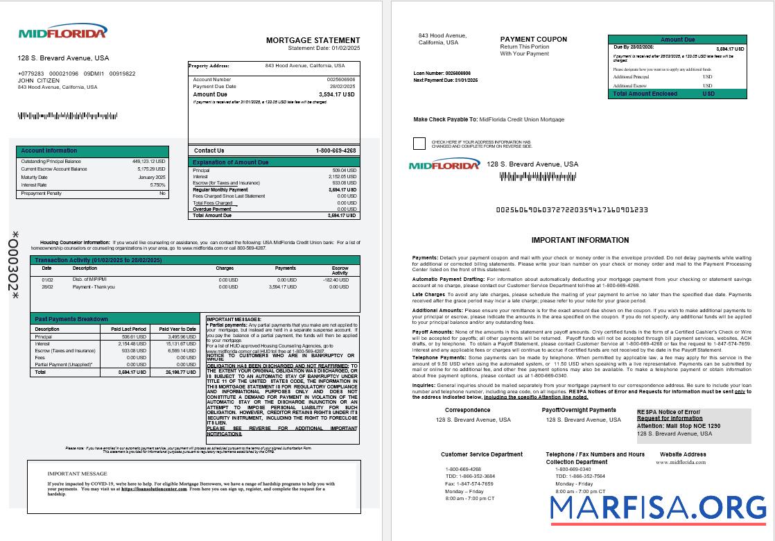 Realistic USA MidFlorida Credit Union bank mortgage statement in Word and PDF formats 1 2 template